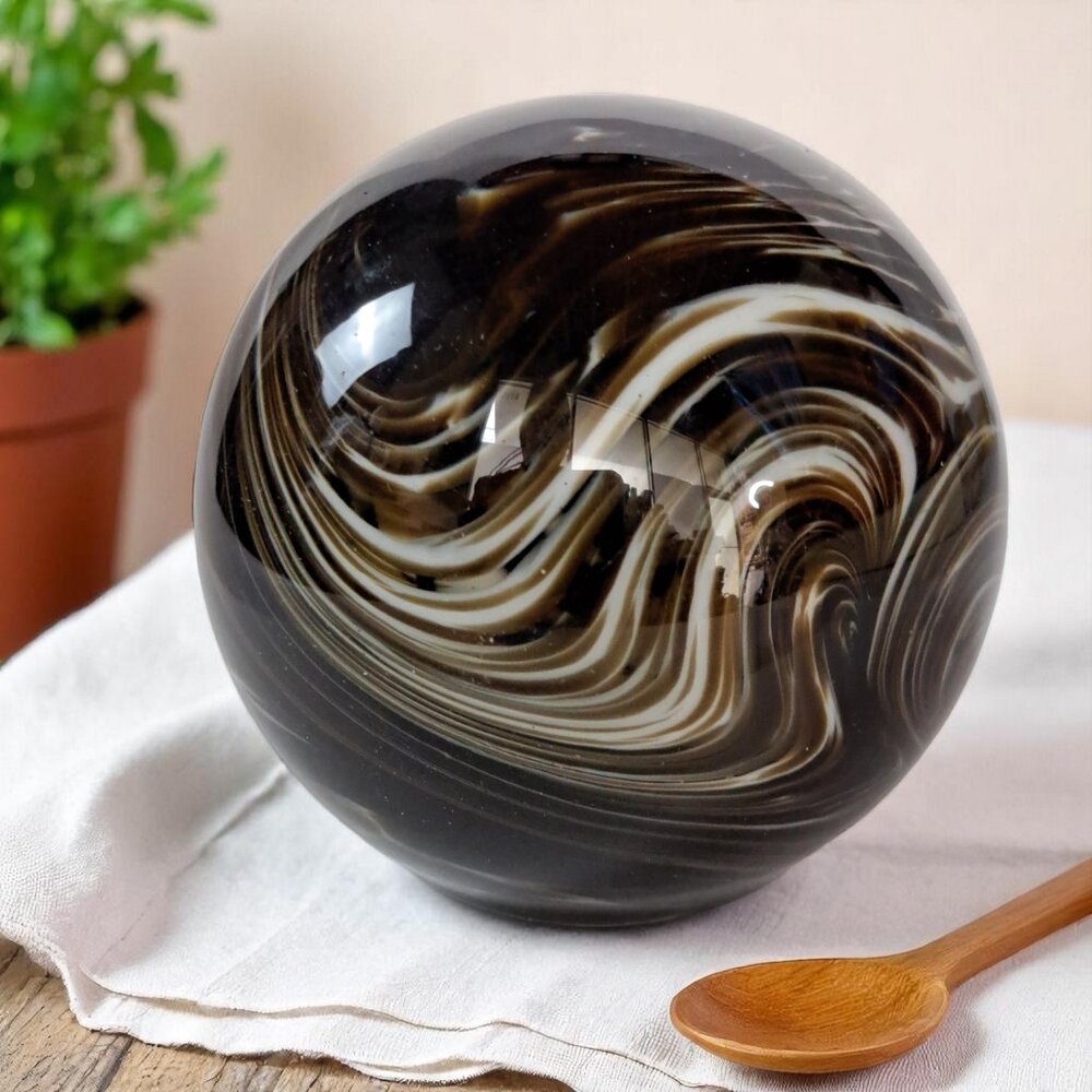 Elwood Indiana Black White Swirl Glass Paperweight 2 Inch